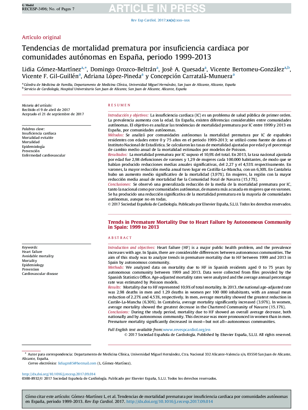 Tendencias de mortalidad prematura por insuficiencia cardiaca por comunidades autónomas en España, periodo 1999-2013