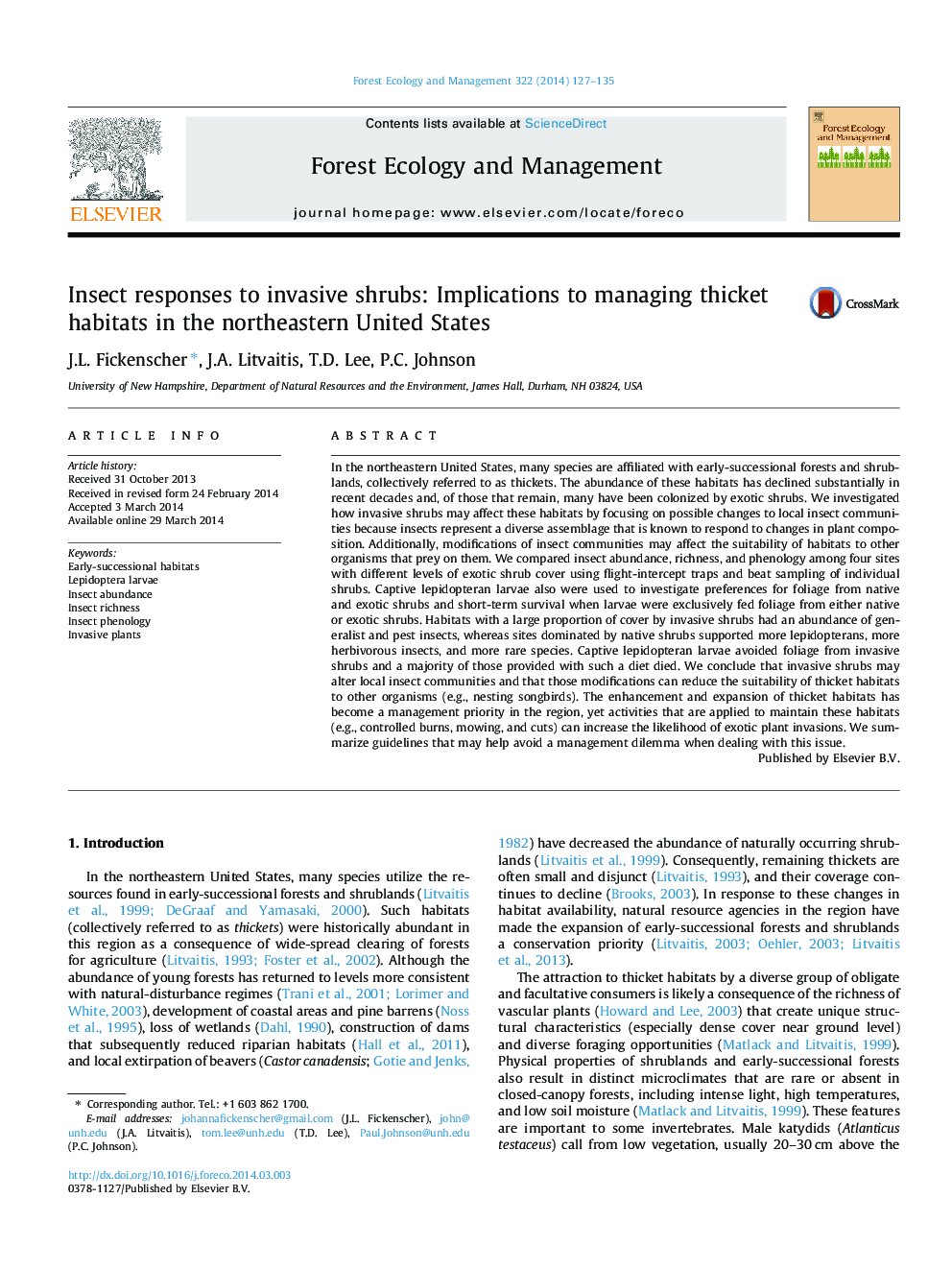 Insect responses to invasive shrubs: Implications to managing thicket habitats in the northeastern United States