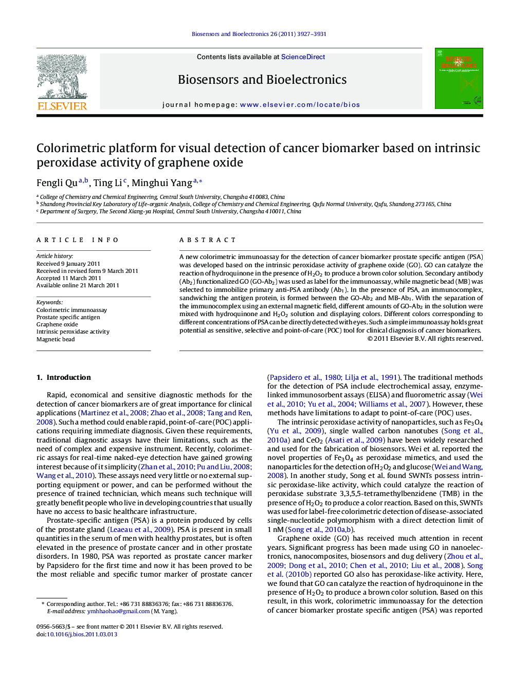 Colorimetric platform for visual detection of cancer biomarker based on intrinsic peroxidase activity of graphene oxide