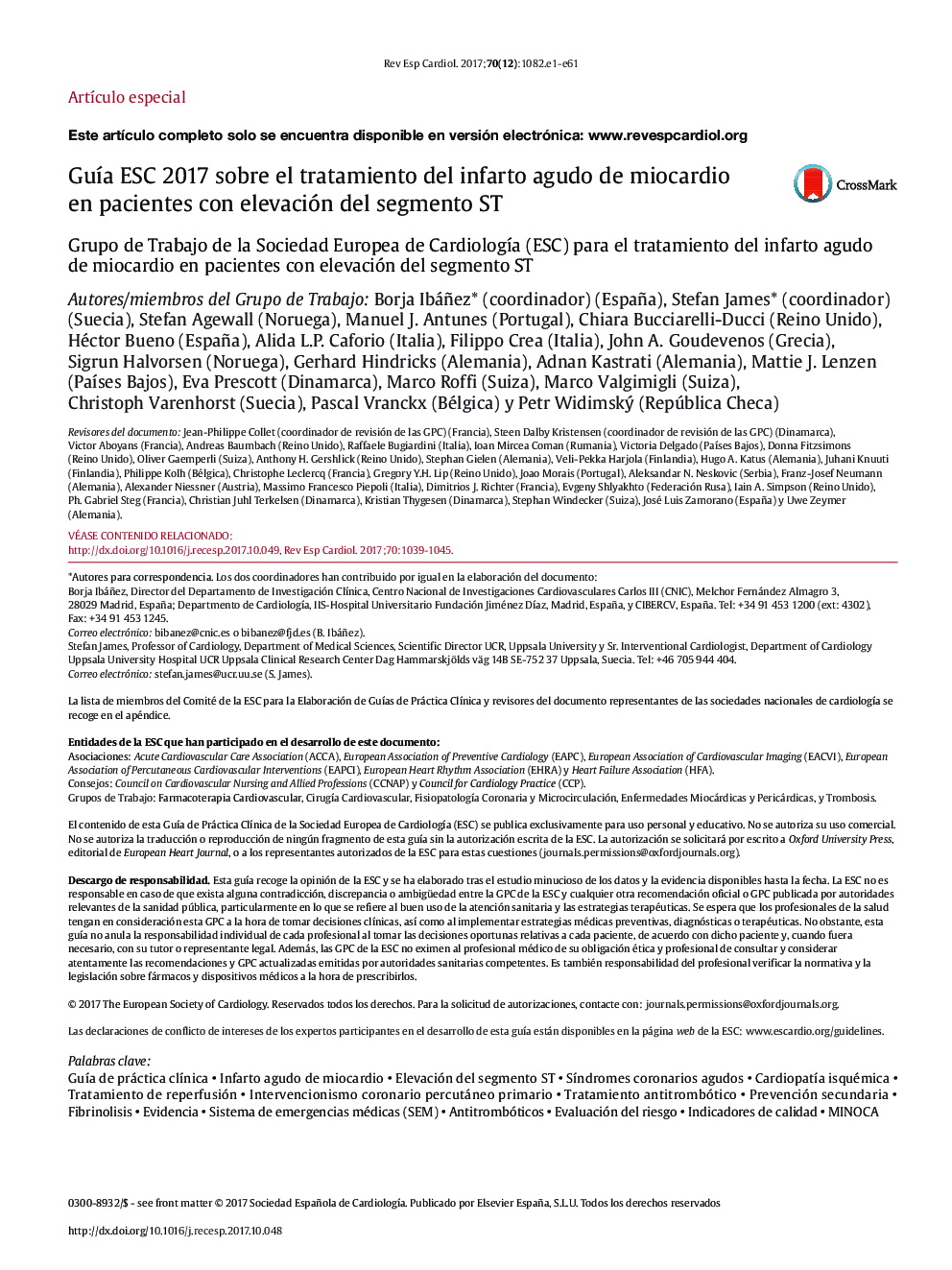 GuÃ­a ESC 2017 sobre el tratamiento del infarto agudo de miocardio en pacientes con elevación del segmento ST