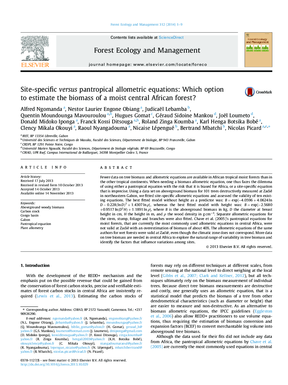 Site-specific versus pantropical allometric equations: Which option to estimate the biomass of a moist central African forest?