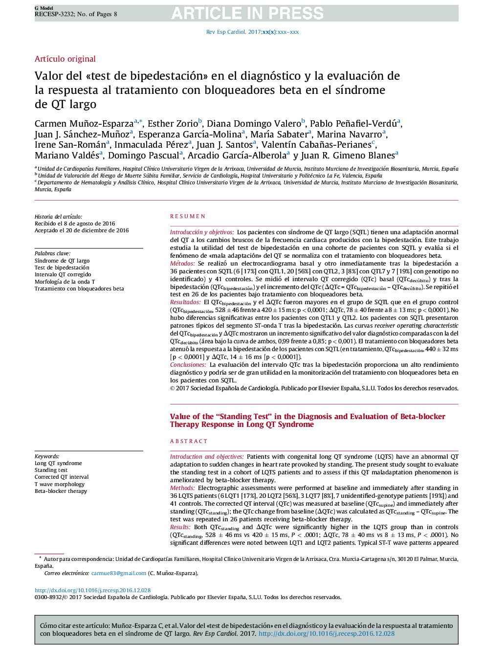 Valor del Â«test de bipedestaciónÂ» en el diagnóstico y la evaluación de la respuesta al tratamiento con bloqueadores beta en el sÃ­ndrome de QT largo
