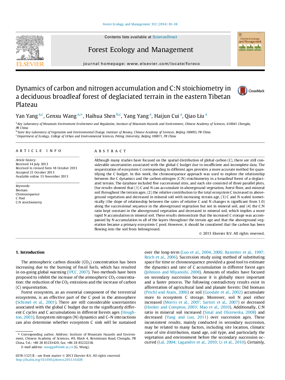 Dynamics of carbon and nitrogen accumulation and C:N stoichiometry in a deciduous broadleaf forest of deglaciated terrain in the eastern Tibetan Plateau