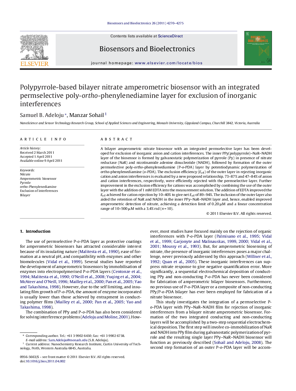 Polypyrrole-based bilayer nitrate amperometric biosensor with an integrated permselective poly-ortho-phenylenediamine layer for exclusion of inorganic interferences