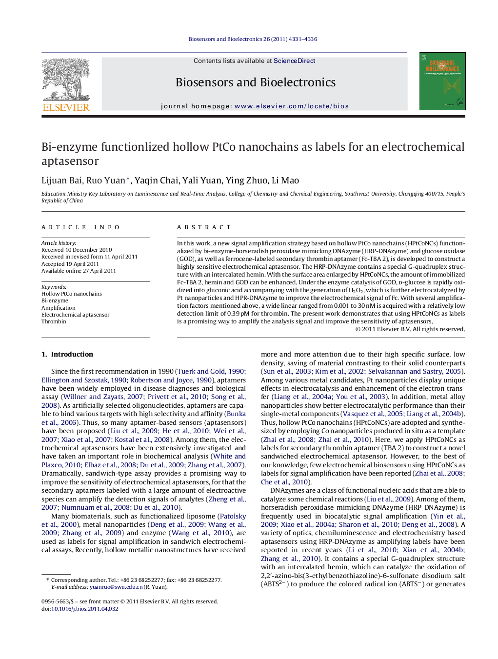 Bi-enzyme functionlized hollow PtCo nanochains as labels for an electrochemical aptasensor