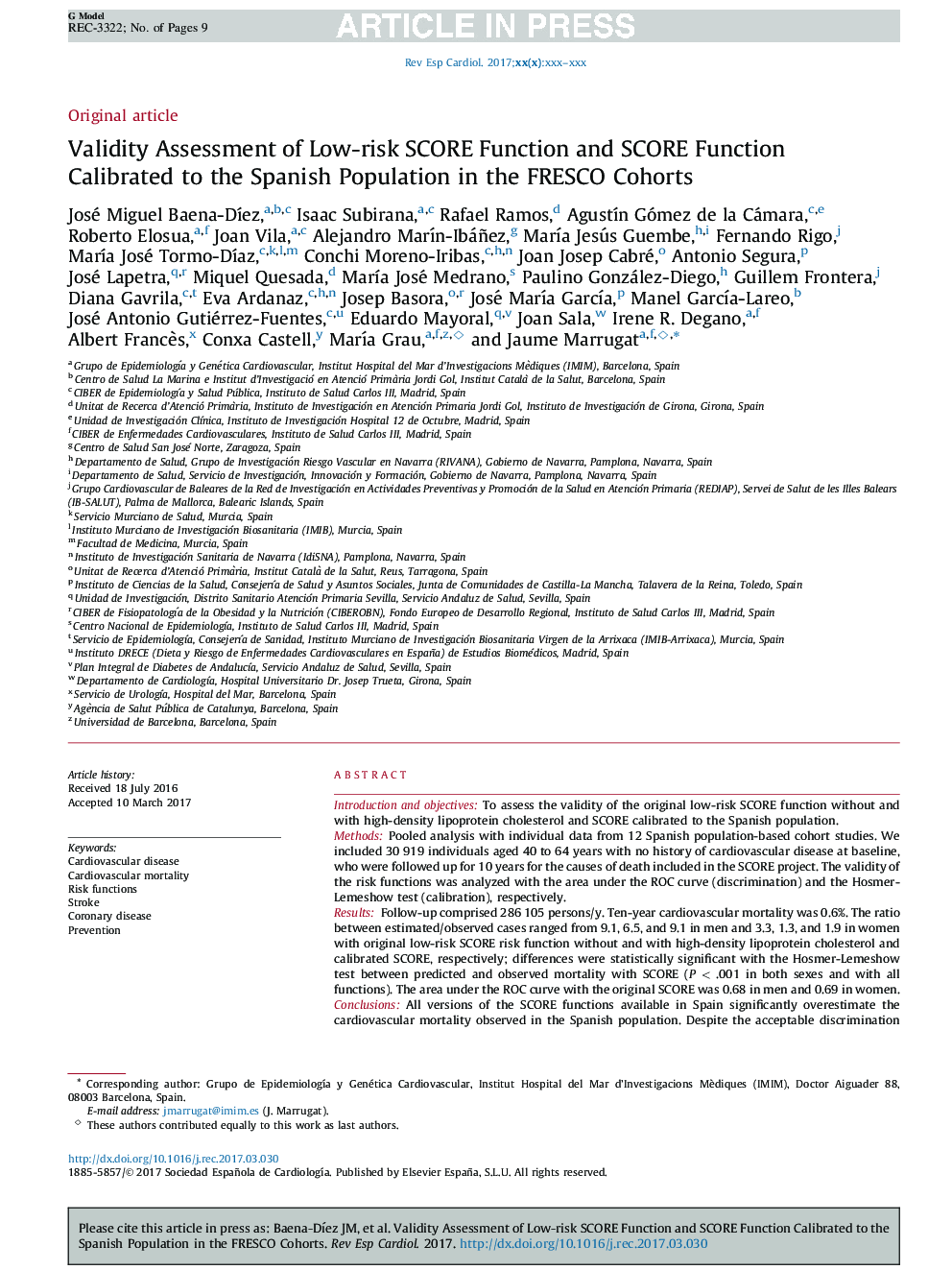 Validity Assessment of Low-risk SCORE Function and SCORE Function Calibrated to the Spanish Population in the FRESCO Cohorts