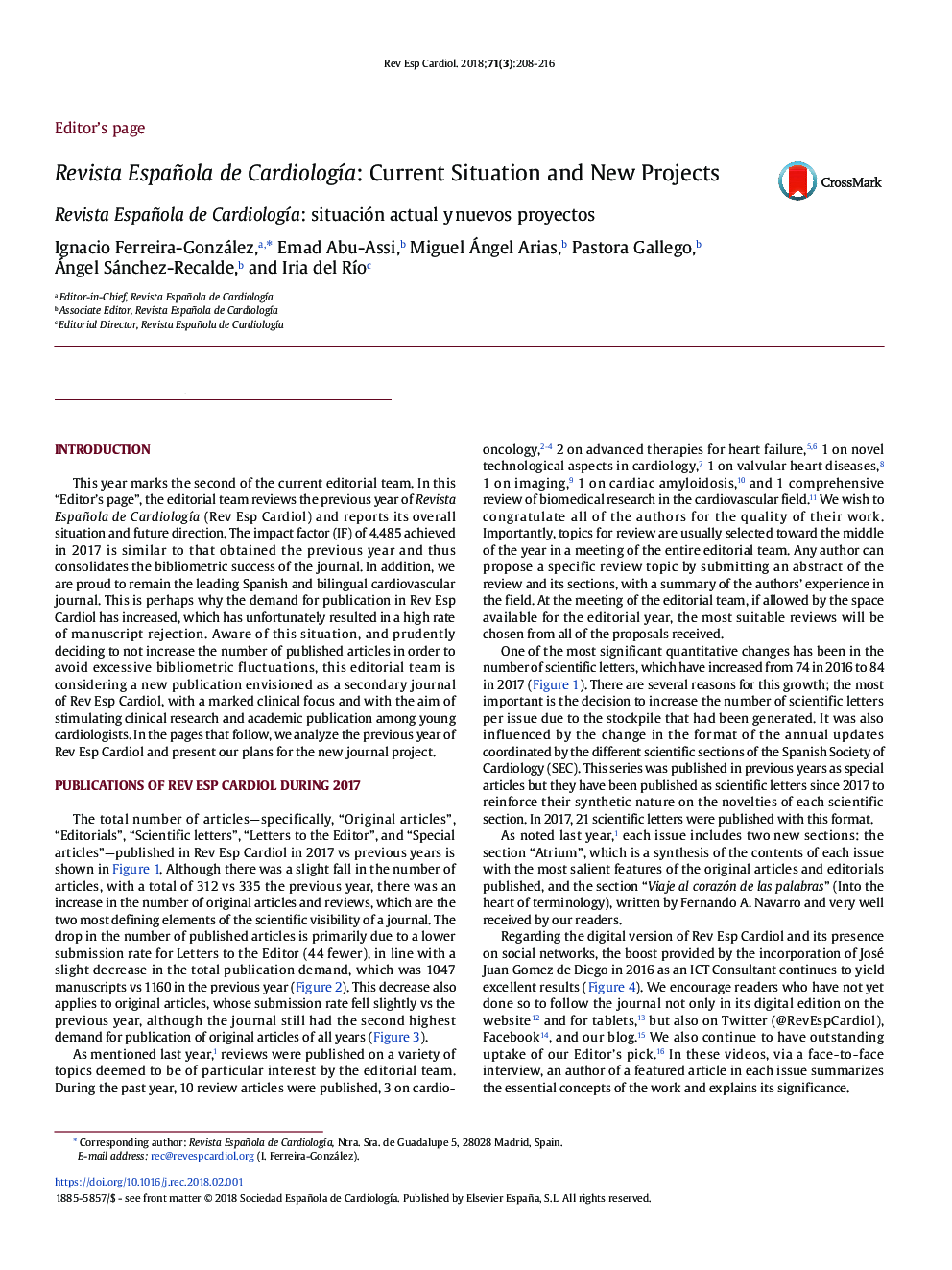 Revista Española de CardiologÃ­a: Current Situation and New Projects
