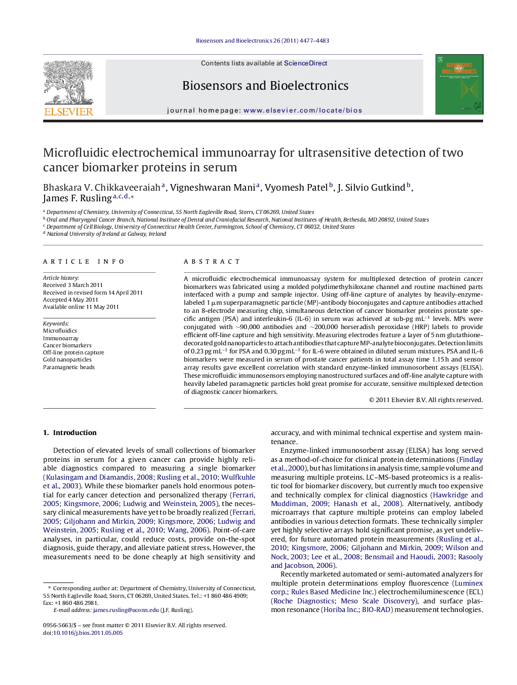 Microfluidic electrochemical immunoarray for ultrasensitive detection of two cancer biomarker proteins in serum