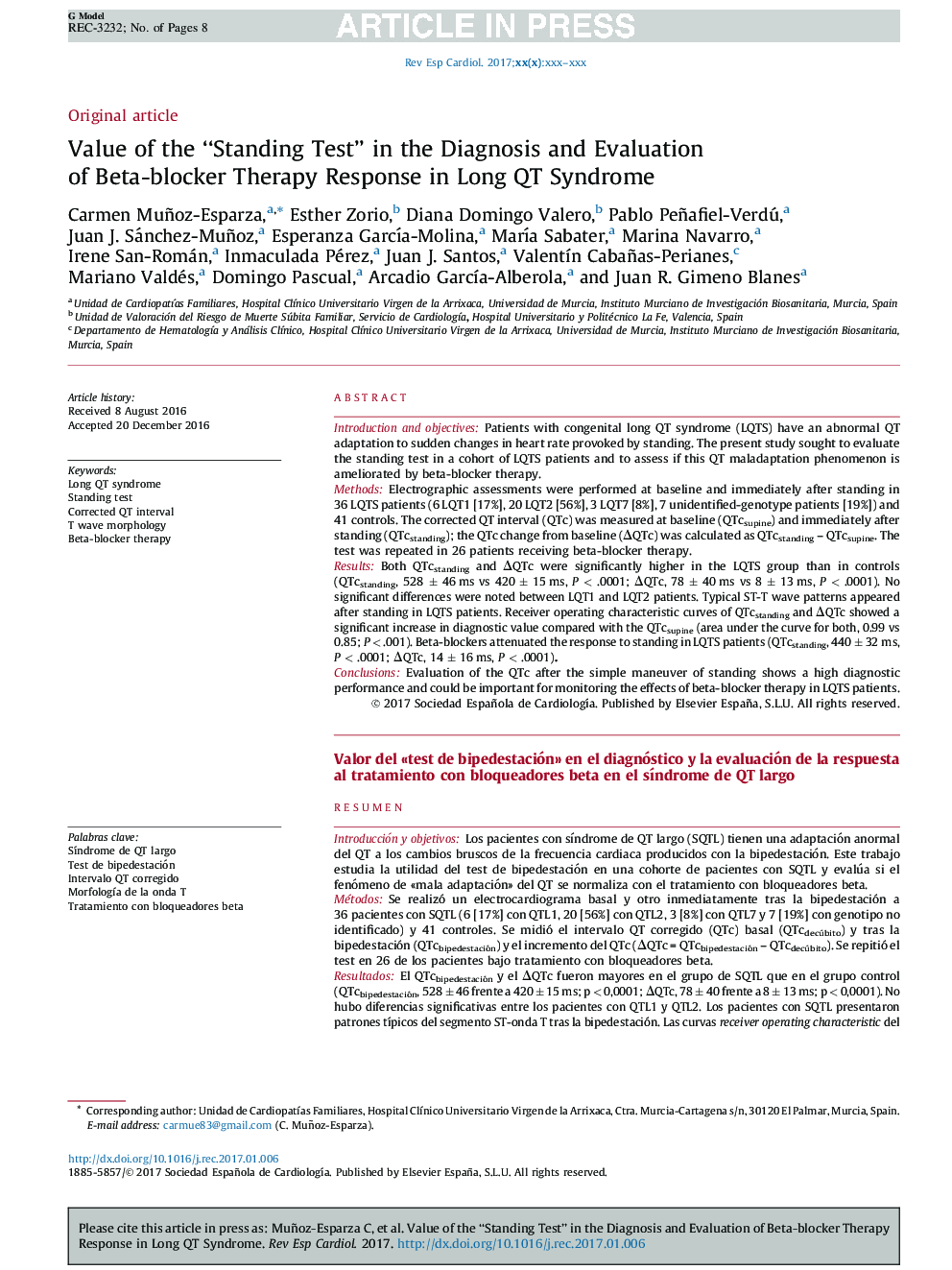 Value of the “Standing Test” in the Diagnosis and Evaluation of Beta-blocker Therapy Response in Long QT Syndrome