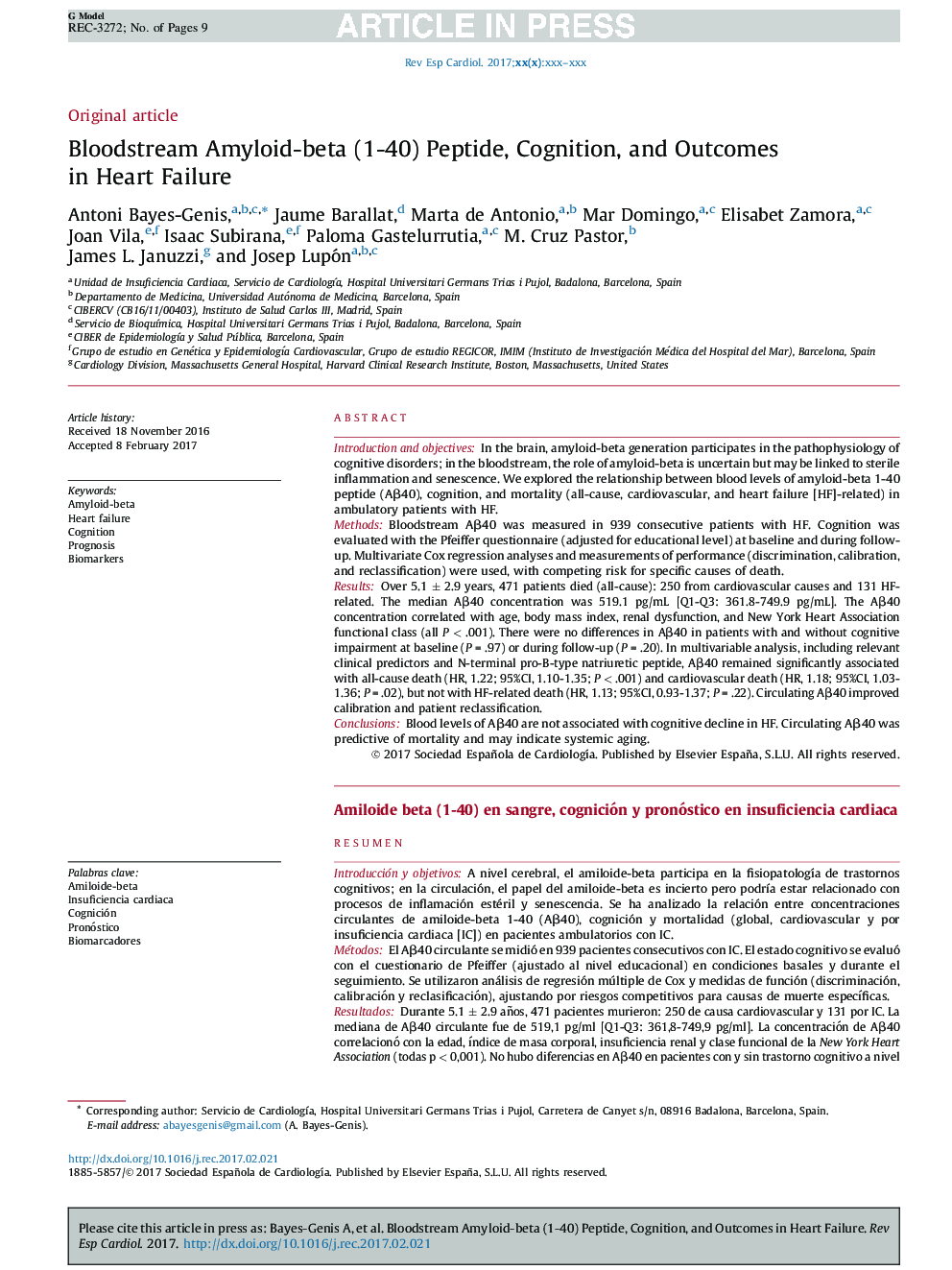 Bloodstream Amyloid-beta (1-40) Peptide, Cognition, and Outcomes in Heart Failure