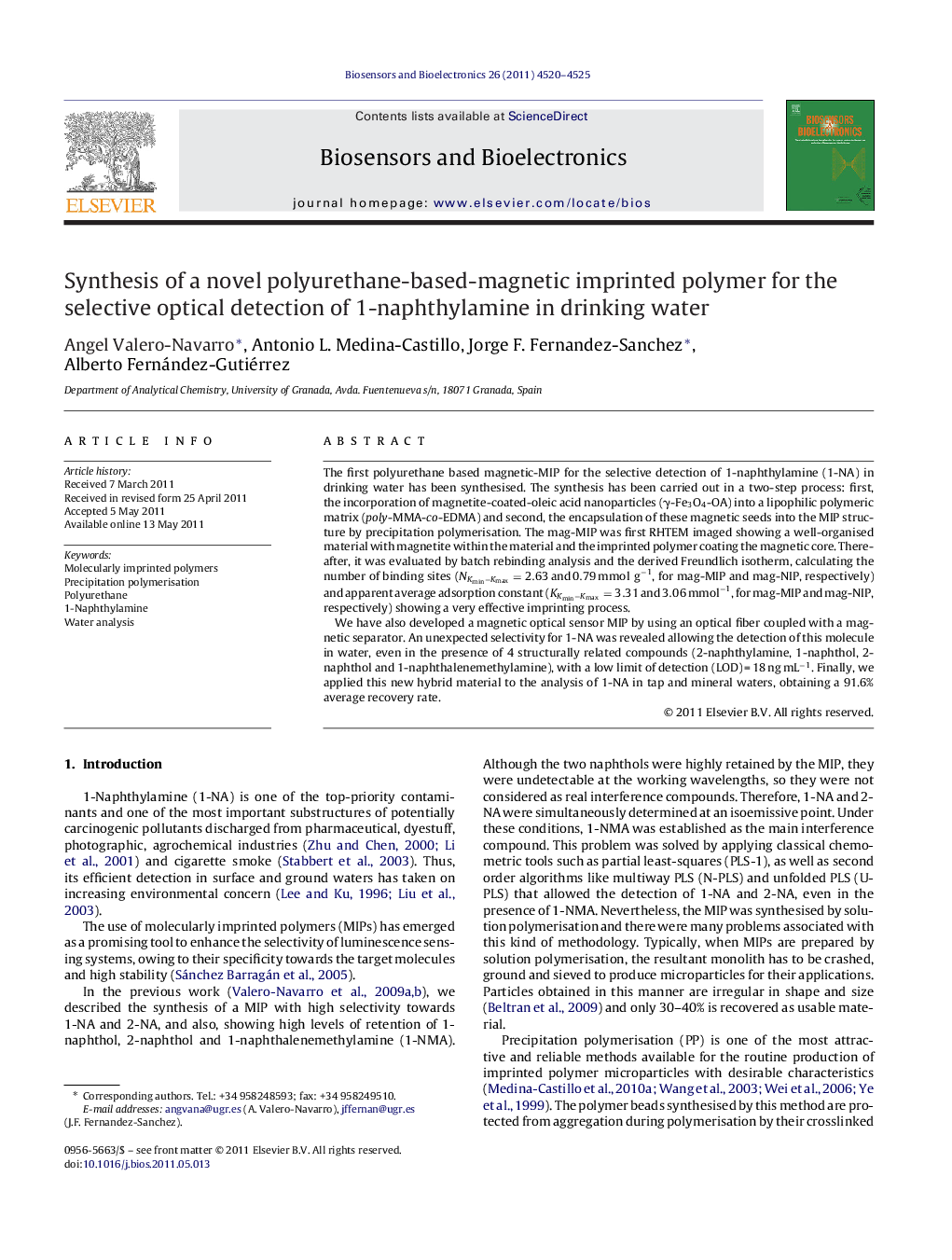 Synthesis of a novel polyurethane-based-magnetic imprinted polymer for the selective optical detection of 1-naphthylamine in drinking water