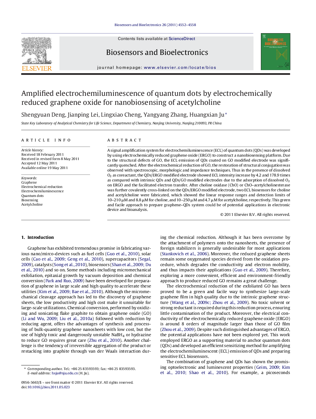 Amplified electrochemiluminescence of quantum dots by electrochemically reduced graphene oxide for nanobiosensing of acetylcholine