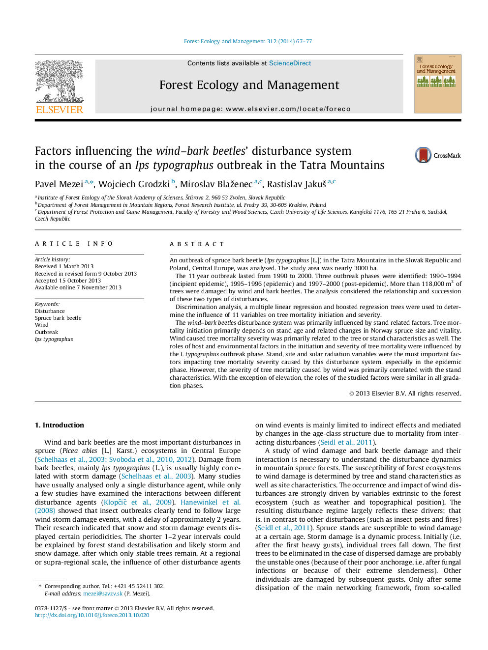 Factors influencing the wind–bark beetles’ disturbance system in the course of an Ips typographus outbreak in the Tatra Mountains