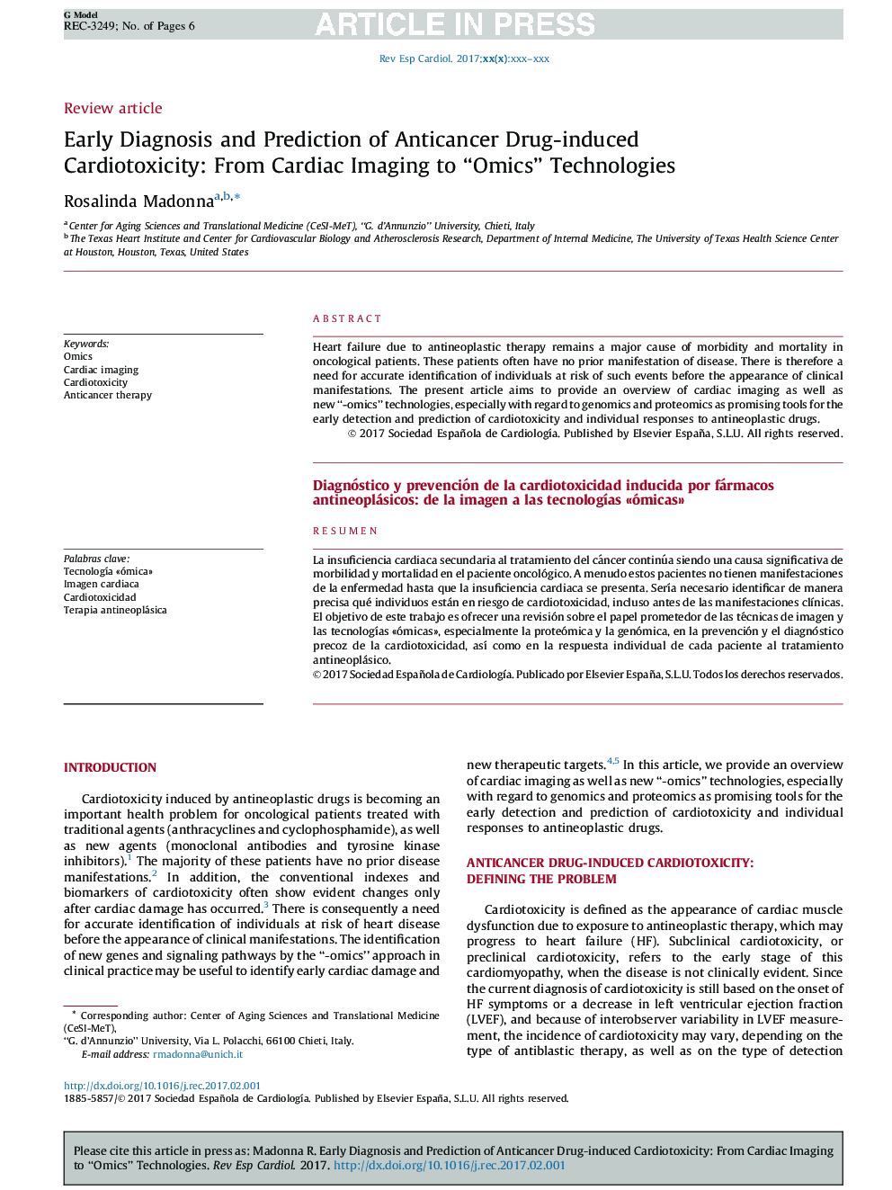 Early Diagnosis and Prediction of Anticancer Drug-induced Cardiotoxicity: From Cardiac Imaging to “Omics” Technologies