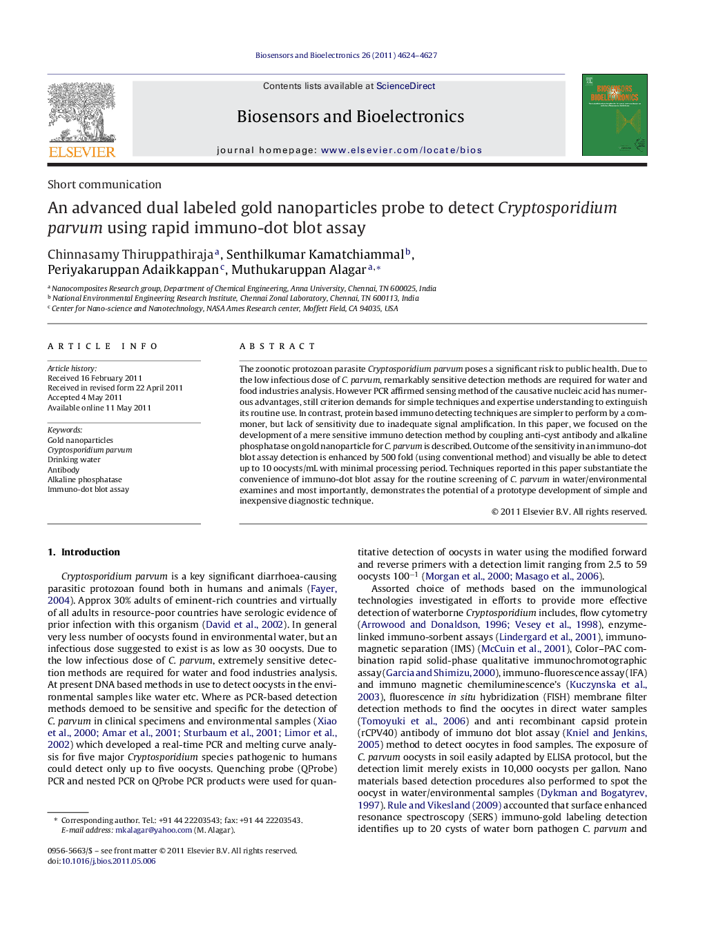 An advanced dual labeled gold nanoparticles probe to detect Cryptosporidium parvum using rapid immuno-dot blot assay