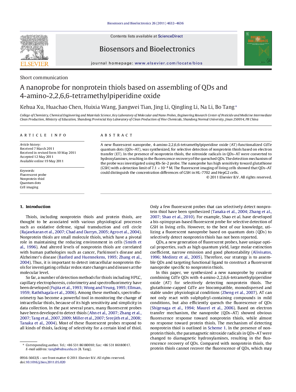 A nanoprobe for nonprotein thiols based on assembling of QDs and 4-amino-2,2,6,6-tetramethylpiperidine oxide