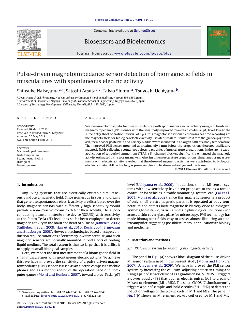 Pulse-driven magnetoimpedance sensor detection of biomagnetic fields in musculatures with spontaneous electric activity