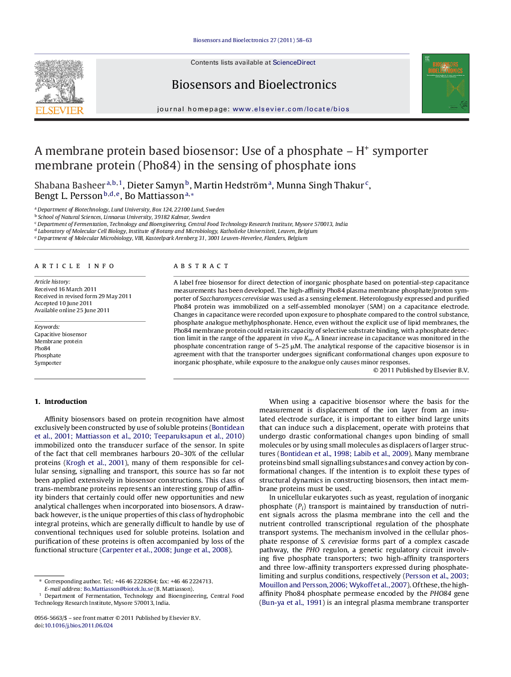 A membrane protein based biosensor: Use of a phosphate – H+ symporter membrane protein (Pho84) in the sensing of phosphate ions