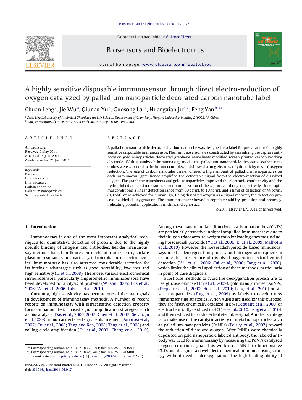 A highly sensitive disposable immunosensor through direct electro-reduction of oxygen catalyzed by palladium nanoparticle decorated carbon nanotube label