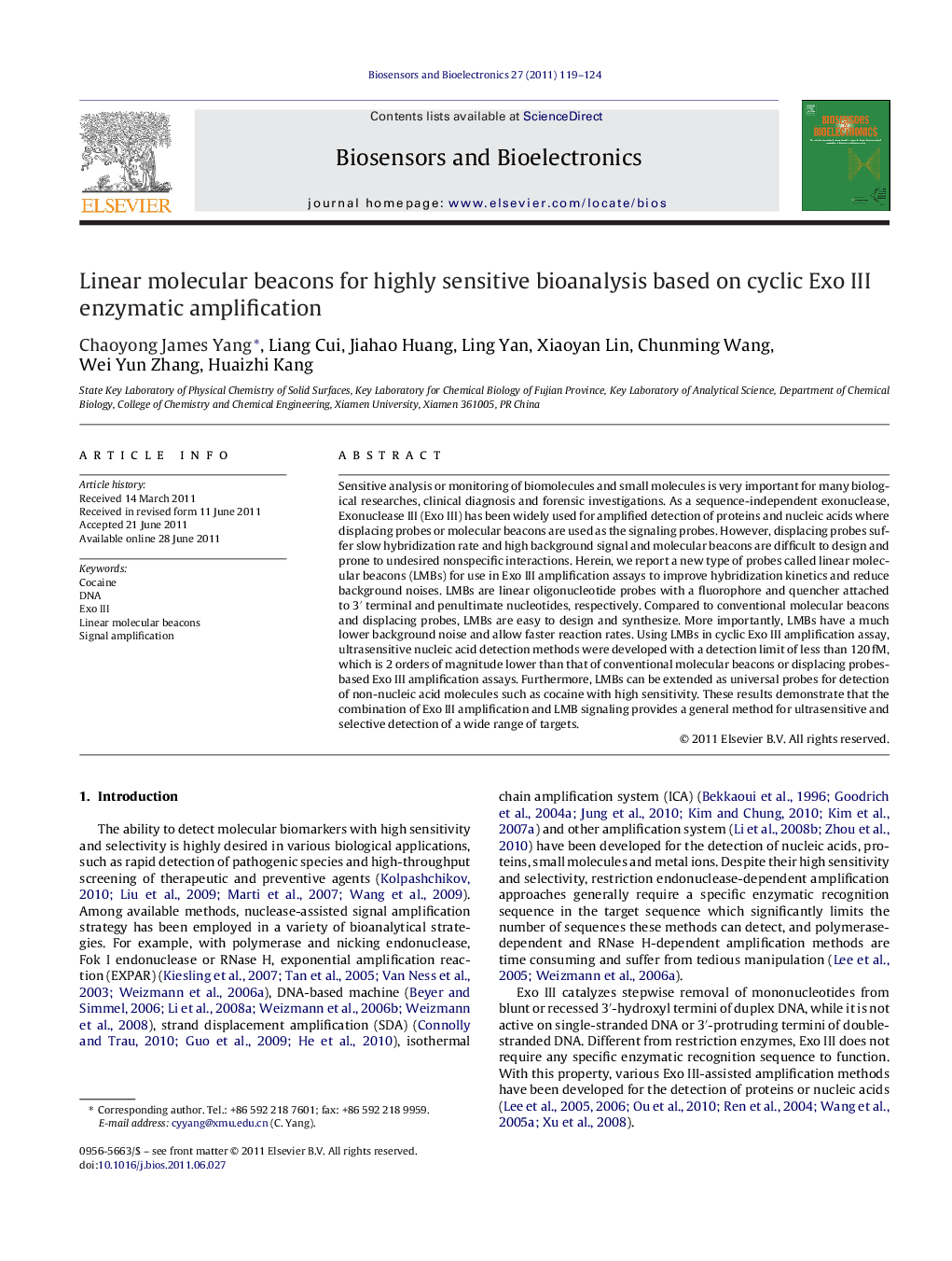 Linear molecular beacons for highly sensitive bioanalysis based on cyclic Exo III enzymatic amplification