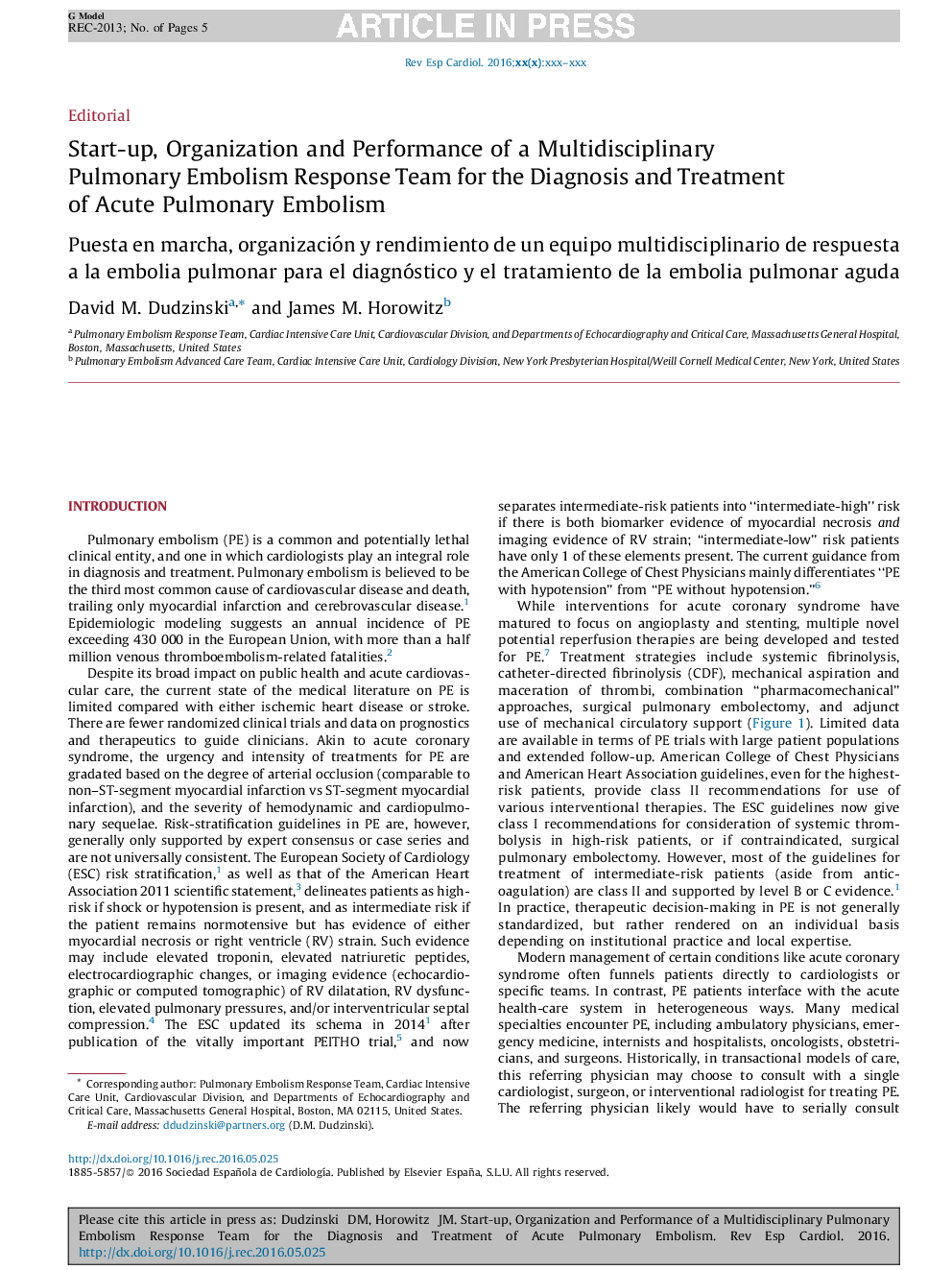 Start-up, Organization and Performance of a Multidisciplinary Pulmonary Embolism Response Team for the Diagnosis and Treatment of Acute Pulmonary Embolism