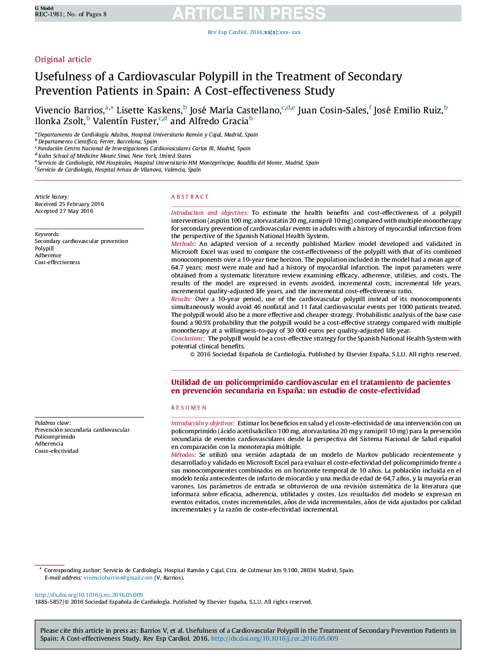 Usefulness of a Cardiovascular Polypill in the Treatment of Secondary Prevention Patients in Spain: A Cost-effectiveness Study