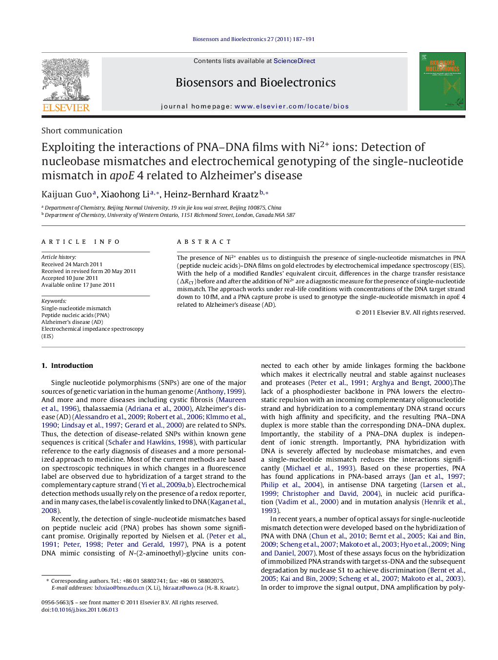 Exploiting the interactions of PNA–DNA films with Ni2+ ions: Detection of nucleobase mismatches and electrochemical genotyping of the single-nucleotide mismatch in apoE 4 related to Alzheimer's disease