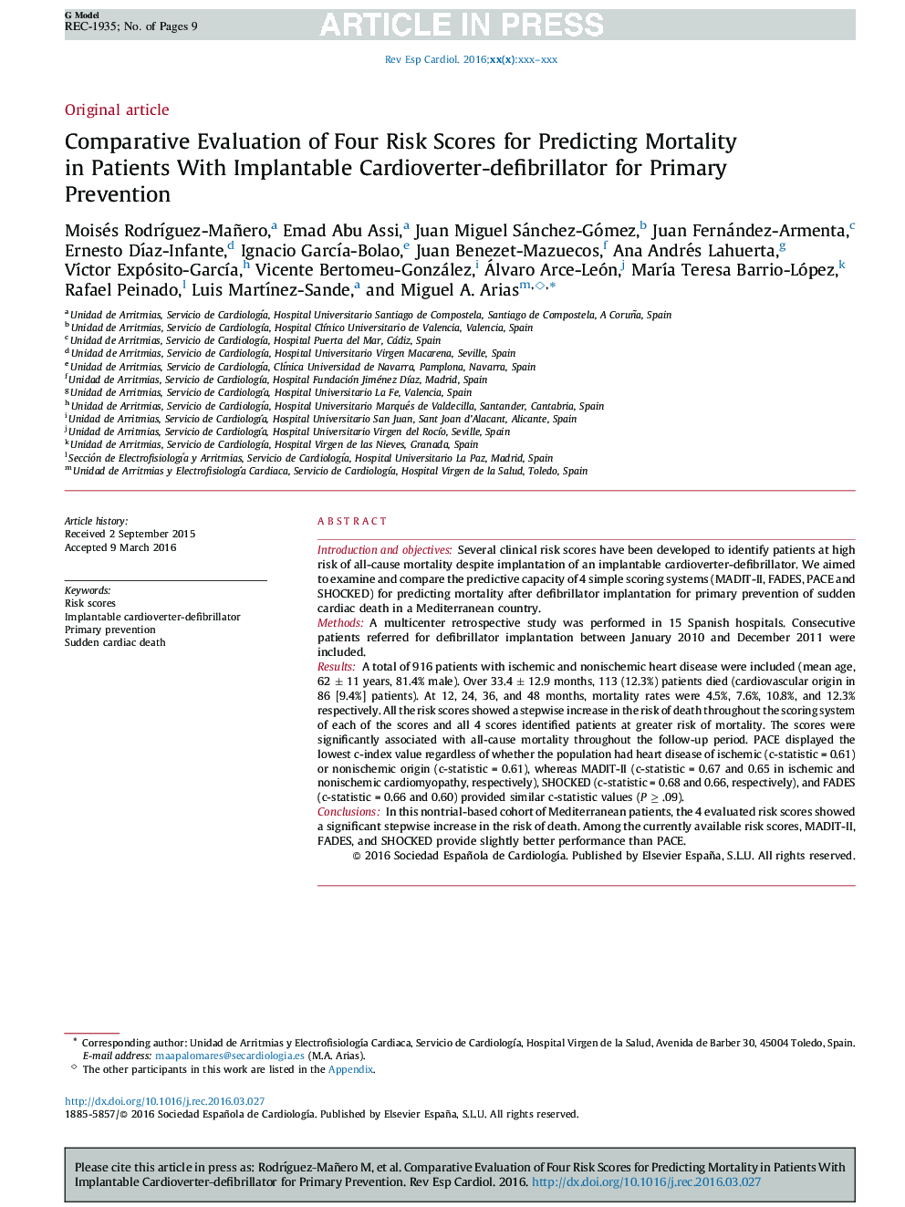 Comparative Evaluation of Four Risk Scores for Predicting Mortality in Patients With Implantable Cardioverter-defibrillator for Primary Prevention