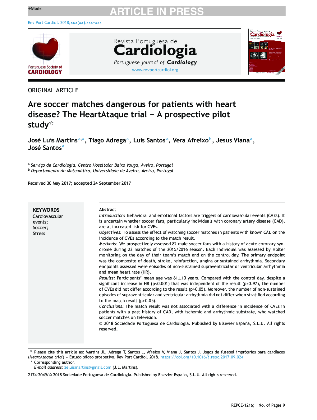 Are soccer matches dangerous for patients with heart disease? The HeartAtaque trial - A prospective pilot study