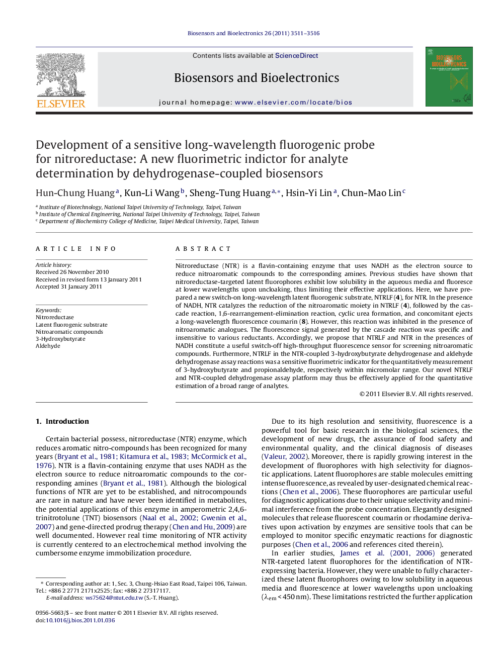 Development of a sensitive long-wavelength fluorogenic probe for nitroreductase: A new fluorimetric indictor for analyte determination by dehydrogenase-coupled biosensors