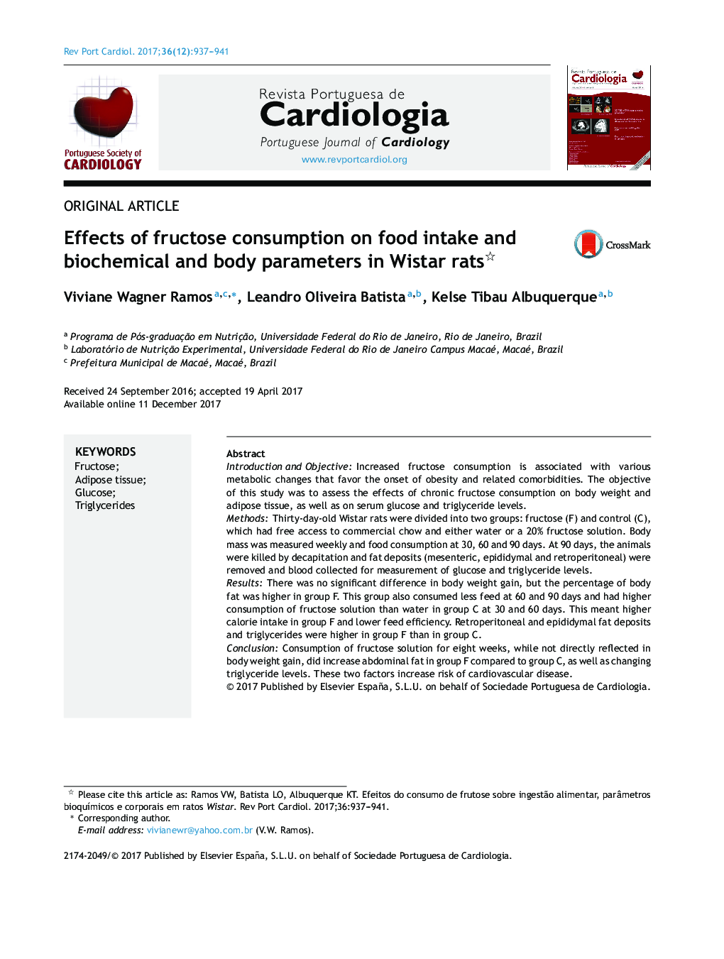 Effects of fructose consumption on food intake and biochemical and body parameters in Wistar rats