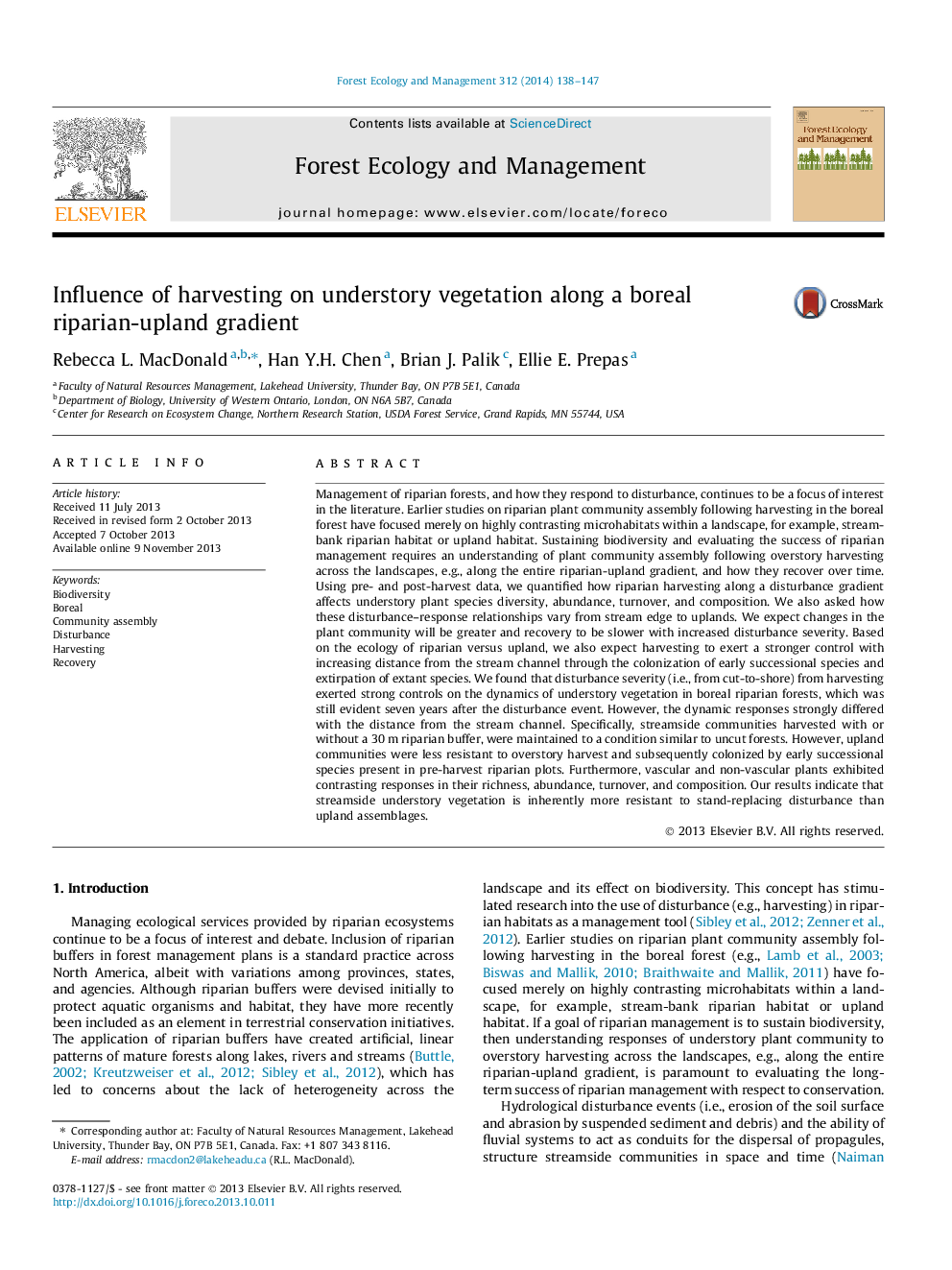 Influence of harvesting on understory vegetation along a boreal riparian-upland gradient