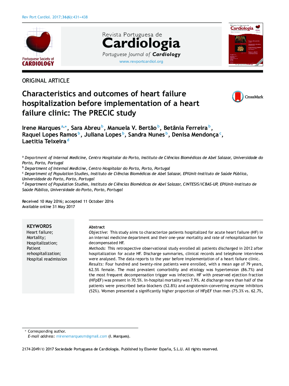 Characteristics and outcomes of heart failure hospitalization before implementation of a heart failure clinic: The PRECIC study