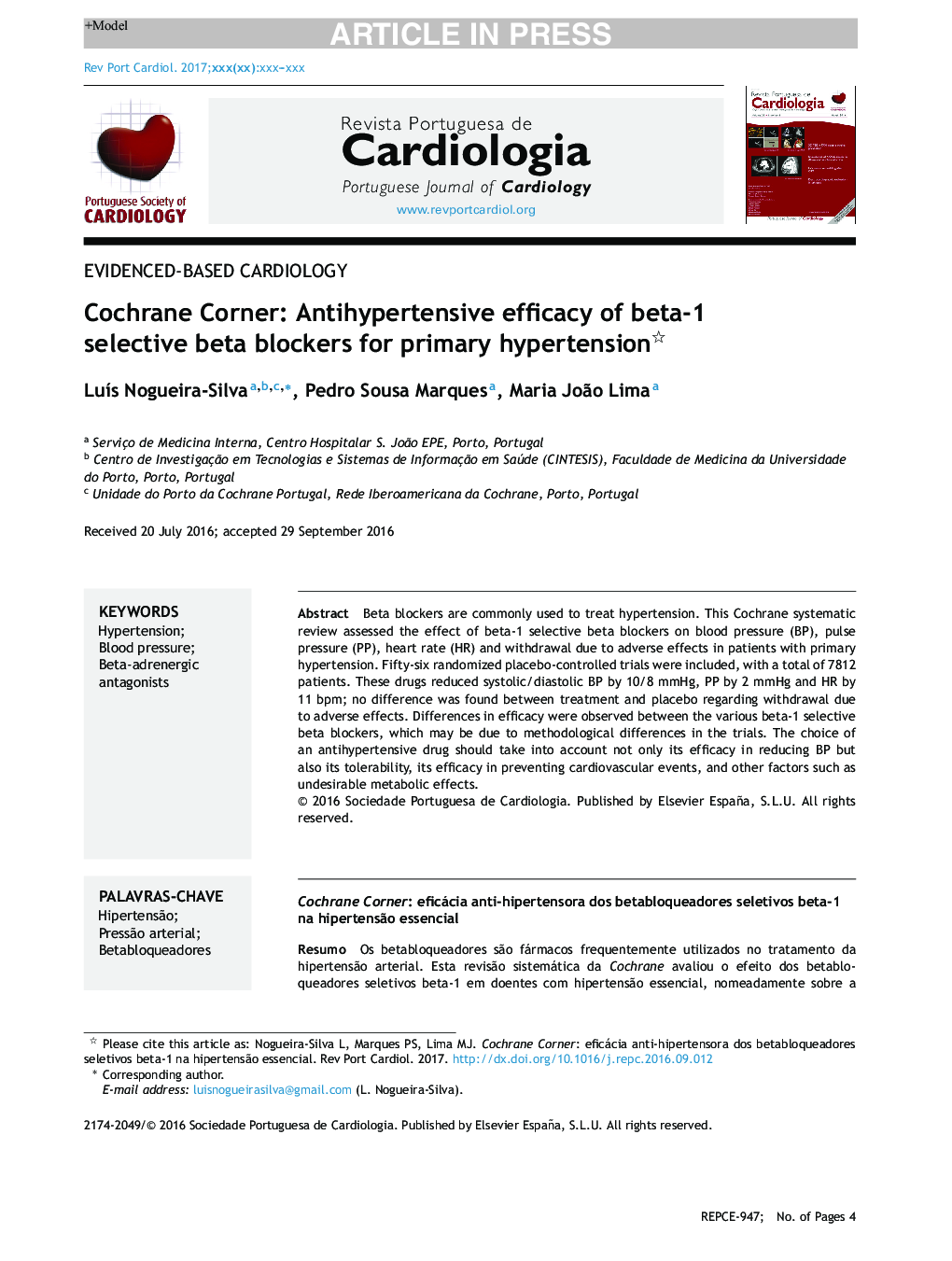 Cochrane Corner: Antihypertensive efficacy of beta-1 selective beta blockers for primary hypertension