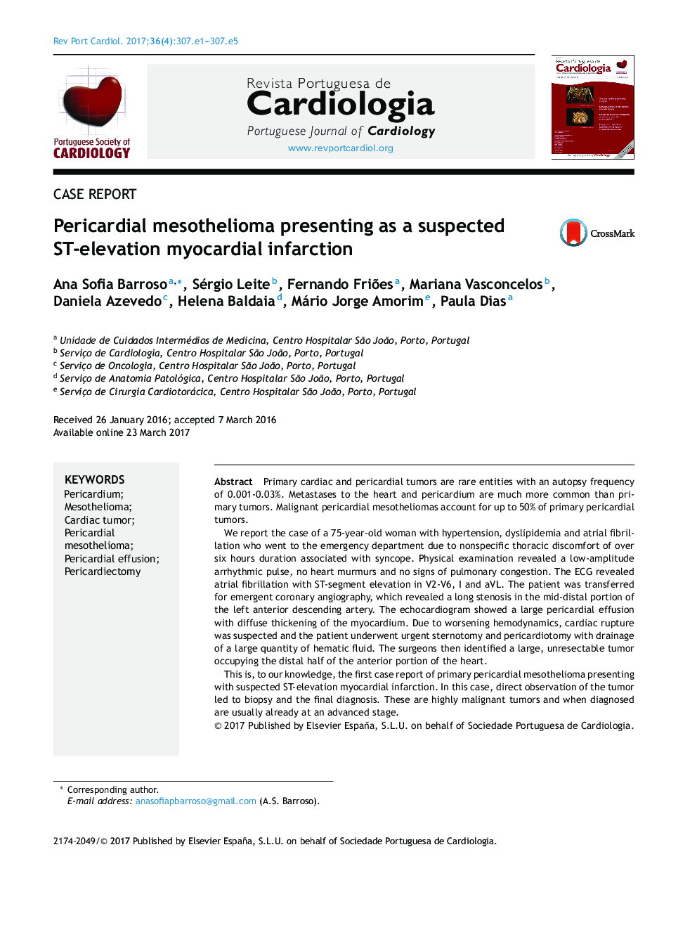 عکس صفحه اول مقاله: Pericardial mesothelioma presenting as a suspected ST-elevation myocardial infarction Pericardial mesothelioma presenting as a suspected ST-elevation myocardial infarction