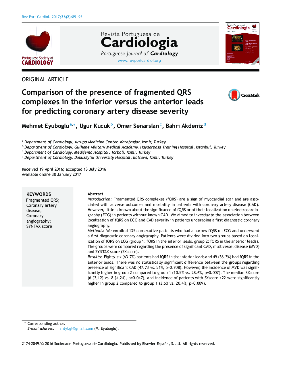 Comparison of the presence of fragmented QRS complexes in the inferior versus the anterior leads for predicting coronary artery disease severity