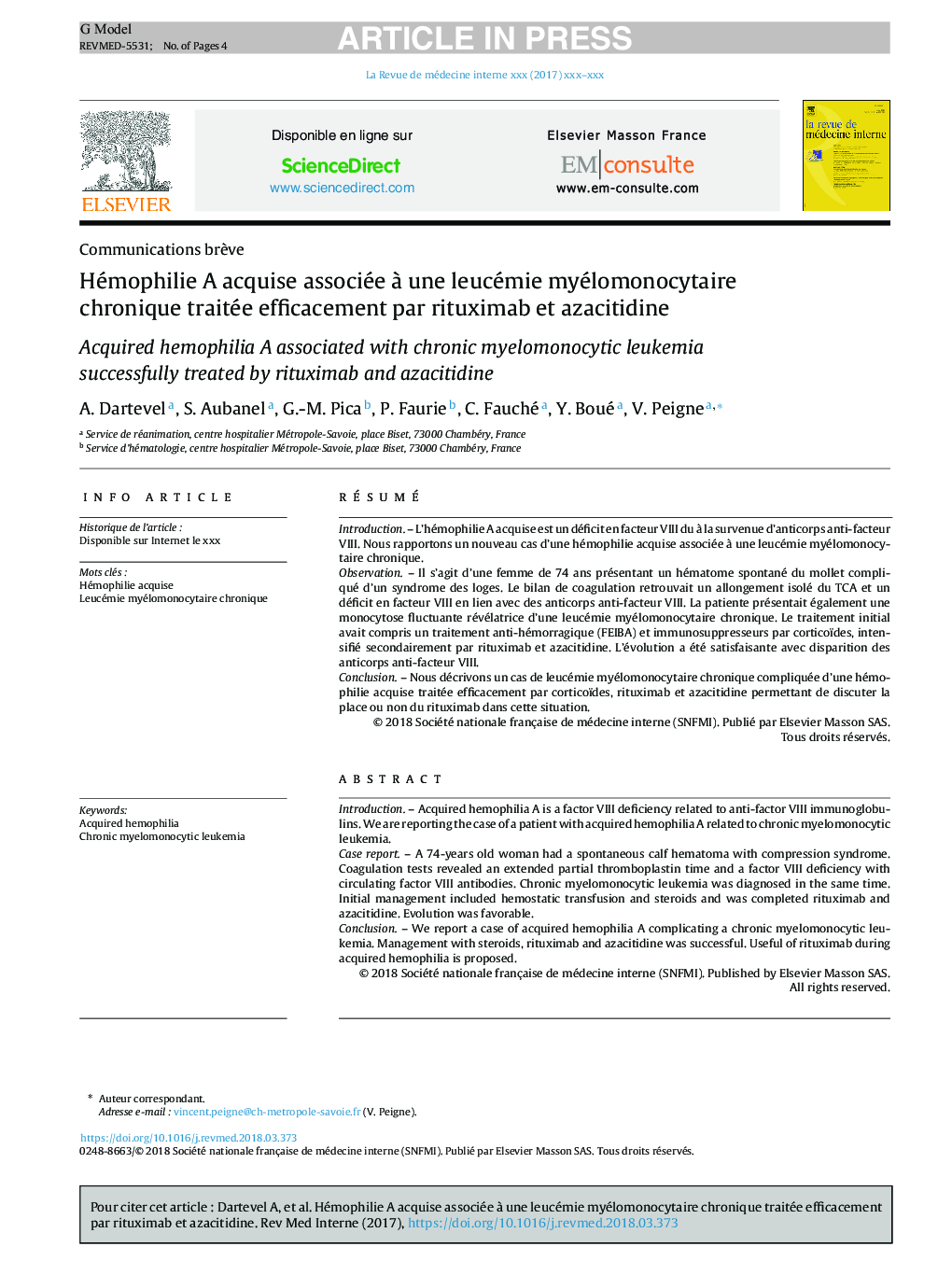 Hémophilie A acquise associée Ã  une leucémie myélomonocytaire chronique traitée efficacement par rituximab et azacitidine