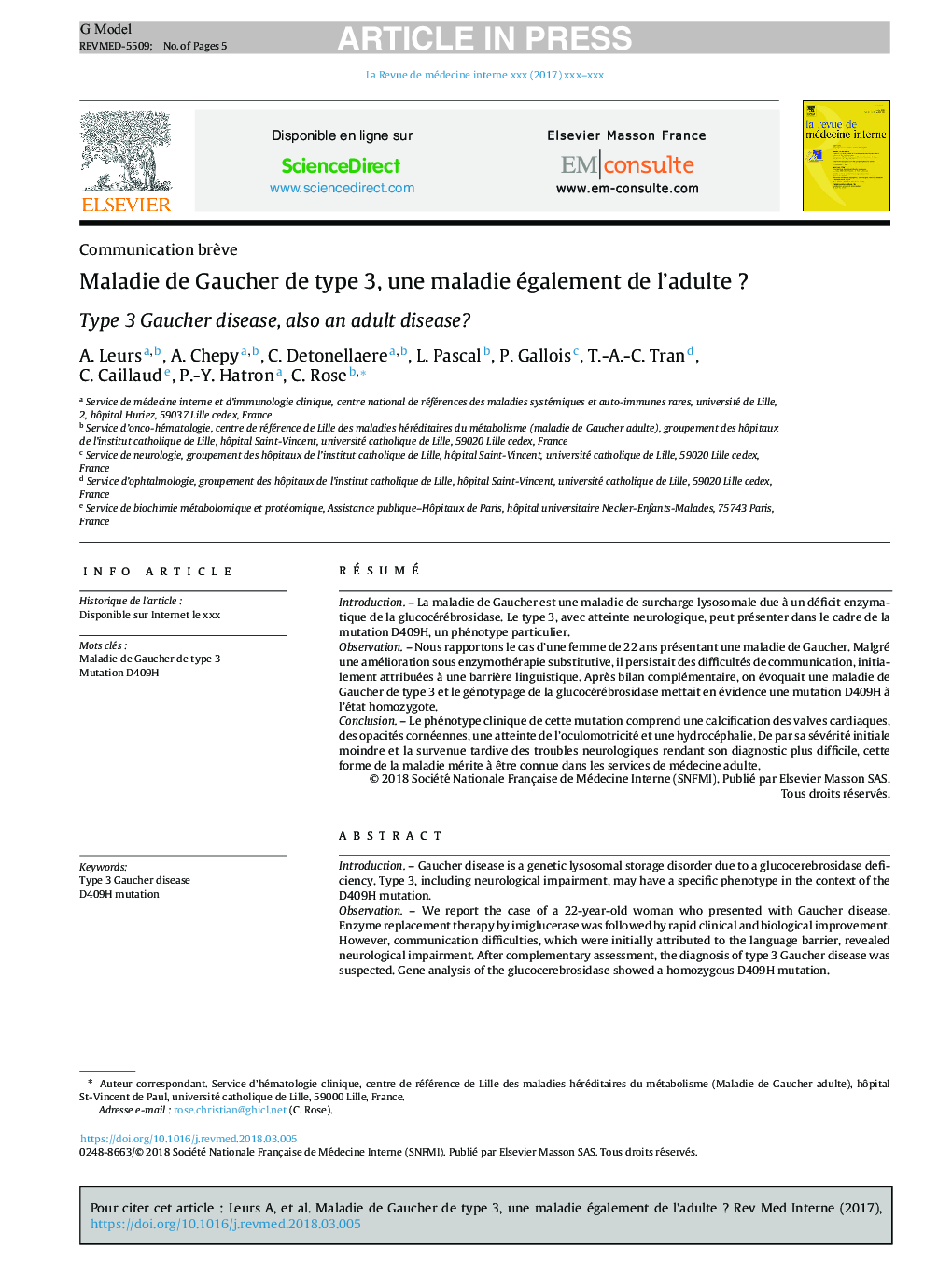 عکس صفحه اول مقاله: Maladie de Gaucher de type 3, une maladie également de l'adulte ? Maladie de Gaucher de type 3, une maladie également de l'adulte ?