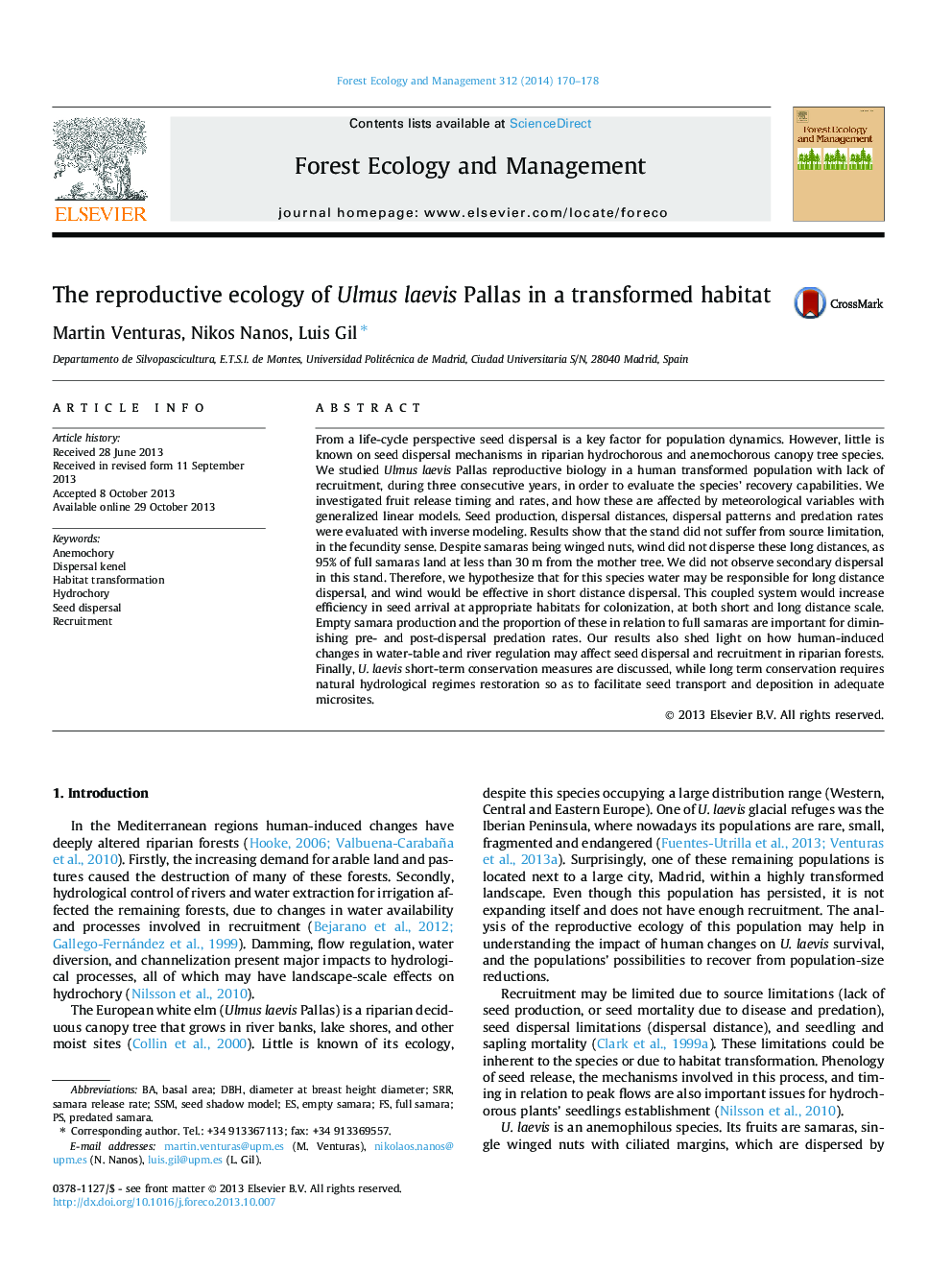 The reproductive ecology of Ulmus laevis Pallas in a transformed habitat