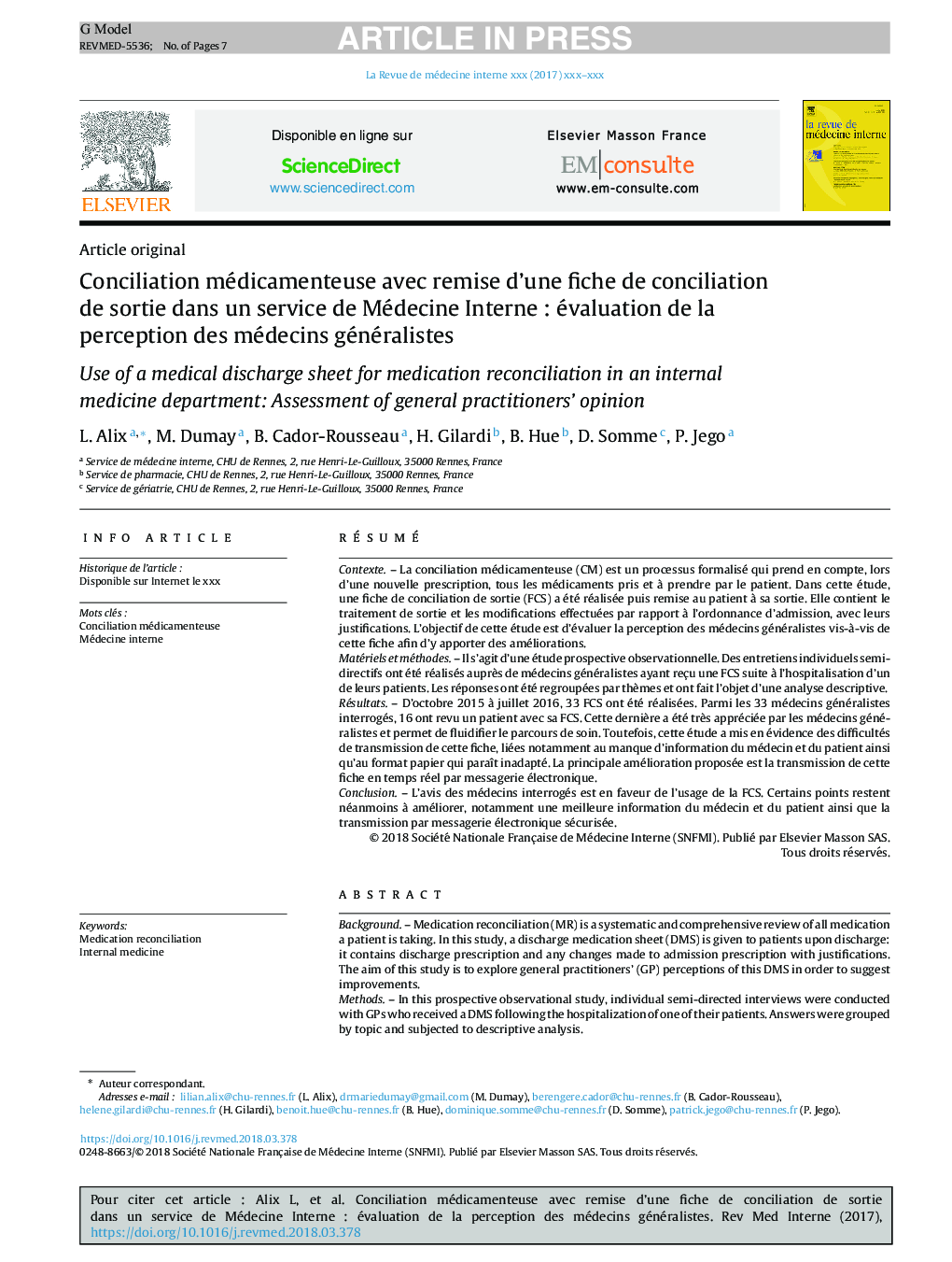 Conciliation médicamenteuse avec remise d'une fiche de conciliation de sortie dans un service de Médecine InterneÂ : évaluation de la perception des médecins généralistes