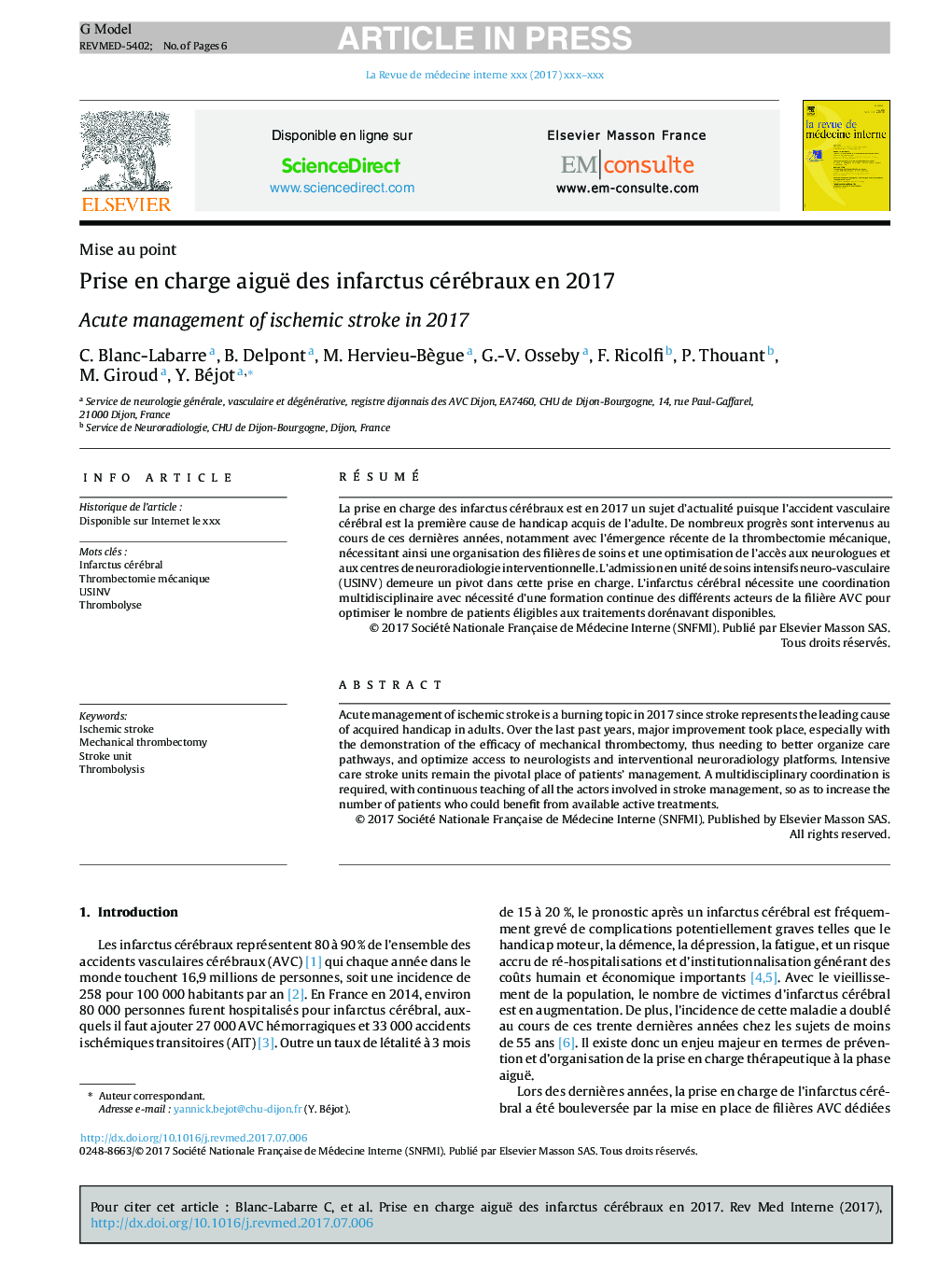 Prise en charge aiguë des infarctus cérébraux en 2017