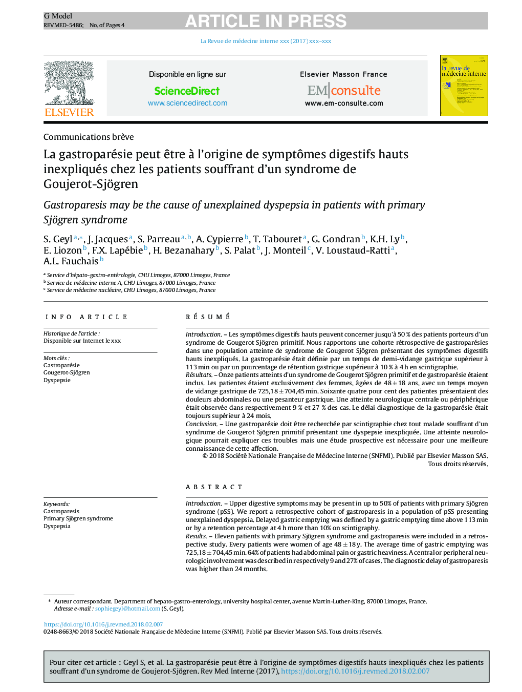 La gastroparésie peut Ãªtre Ã  l'origine de symptÃ´mes digestifs hauts inexpliqués chez les patients souffrant d'un syndrome de Goujerot-Sjögren