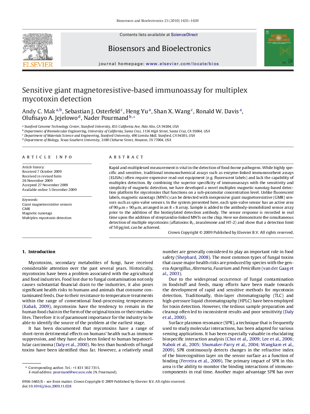 عکس صفحه اول مقاله: Sensitive giant magnetoresistive-based immunoassay for multiplex mycotoxin detection Sensitive giant magnetoresistive-based immunoassay for multiplex mycotoxin detection