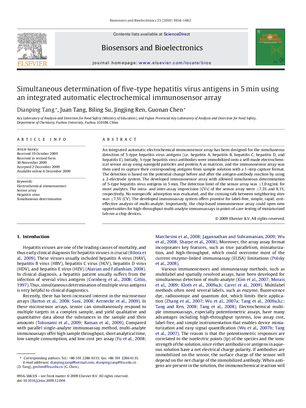 Simultaneous determination of five-type hepatitis virus antigens in 5 min using an integrated automatic electrochemical immunosensor array