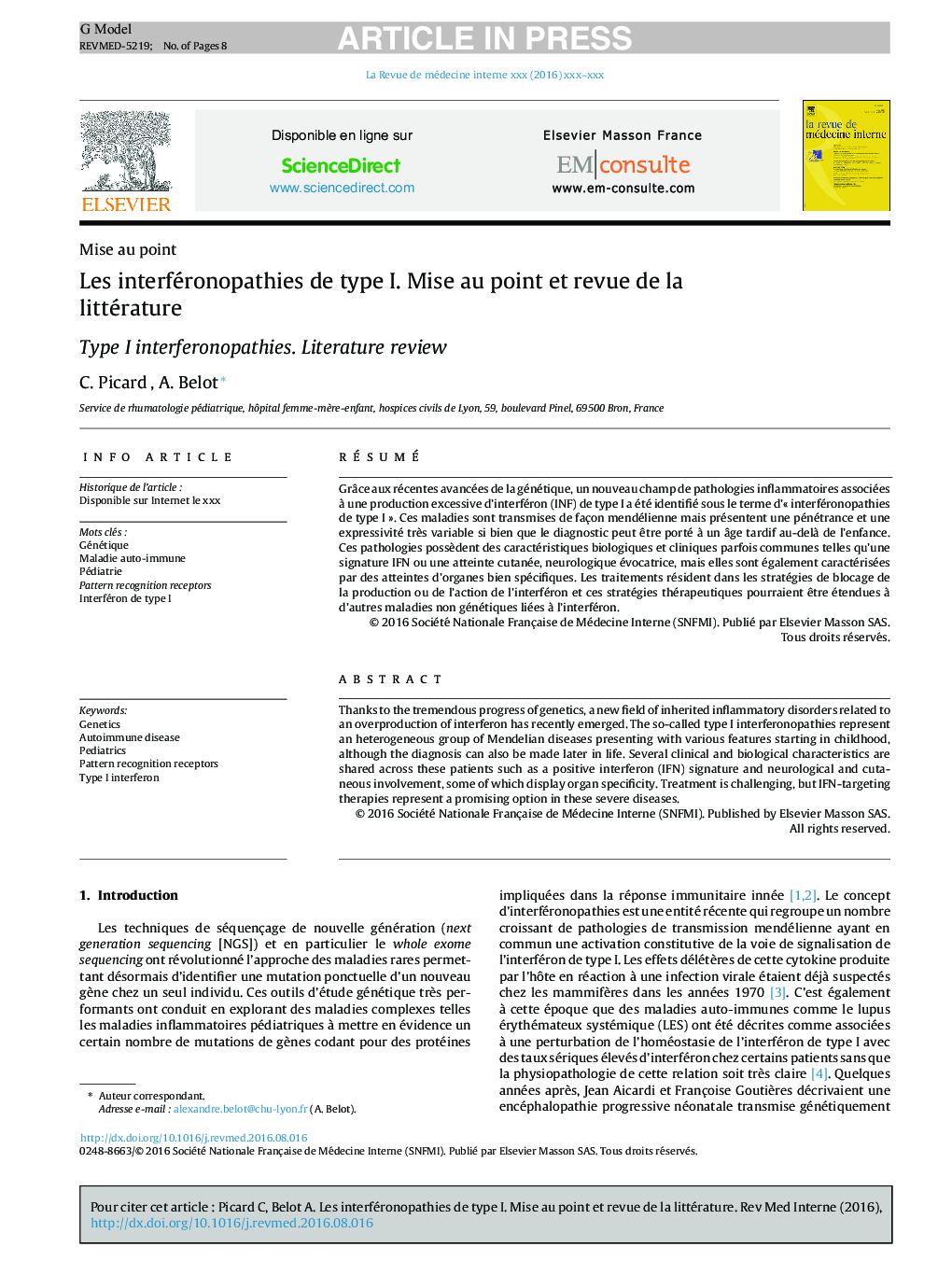 Les interféronopathies de type I. Mise au point et revue de la littérature