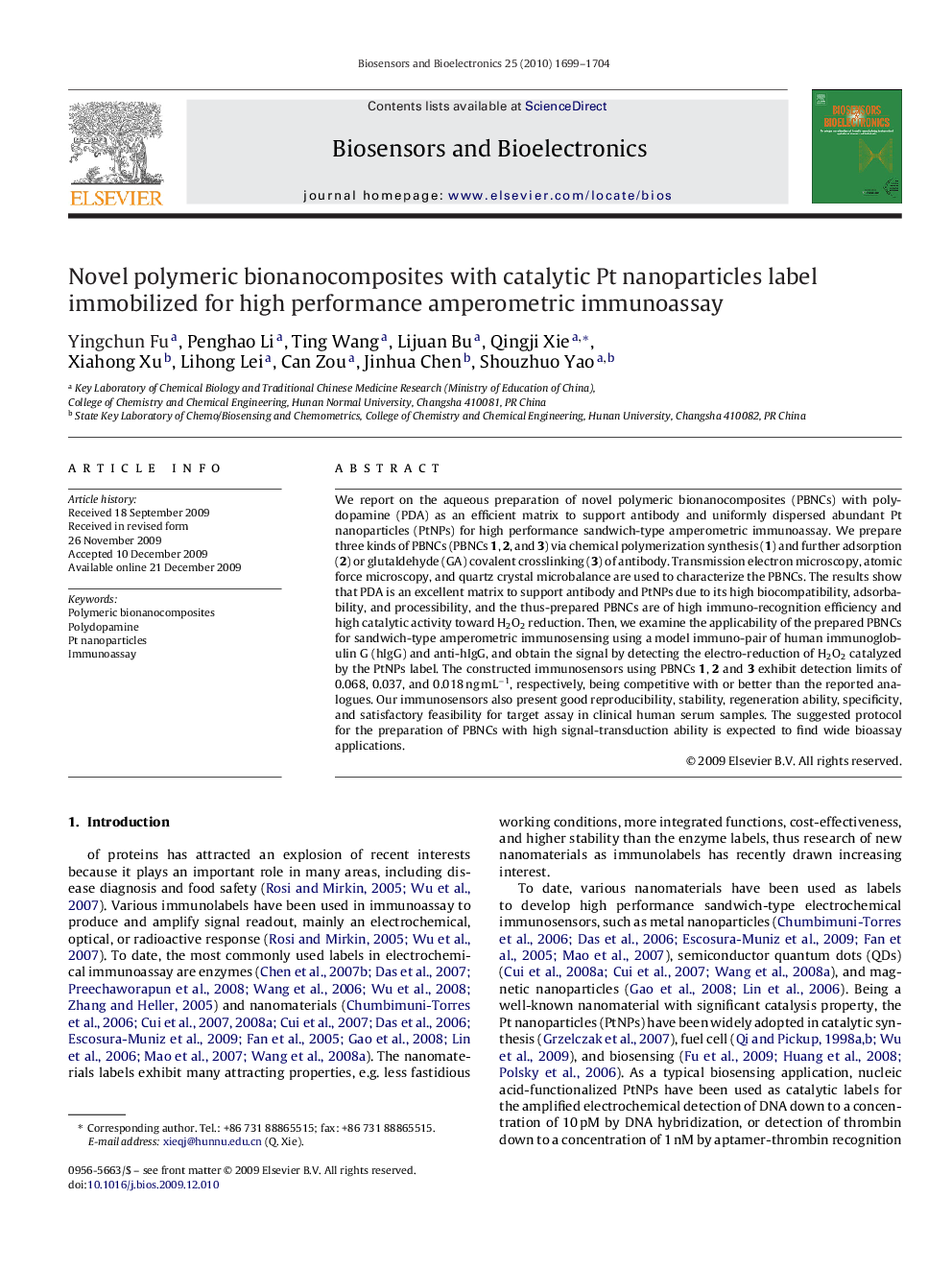 Novel polymeric bionanocomposites with catalytic Pt nanoparticles label immobilized for high performance amperometric immunoassay