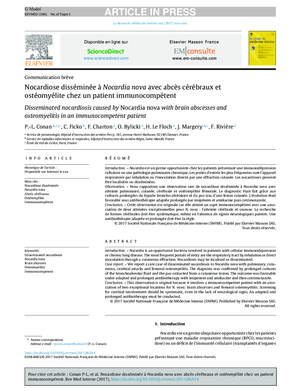 Nocardiose disséminée Ã  Nocardia nova avec abcÃ¨s cérébraux et ostéomyélite chez un patient immunocompétent