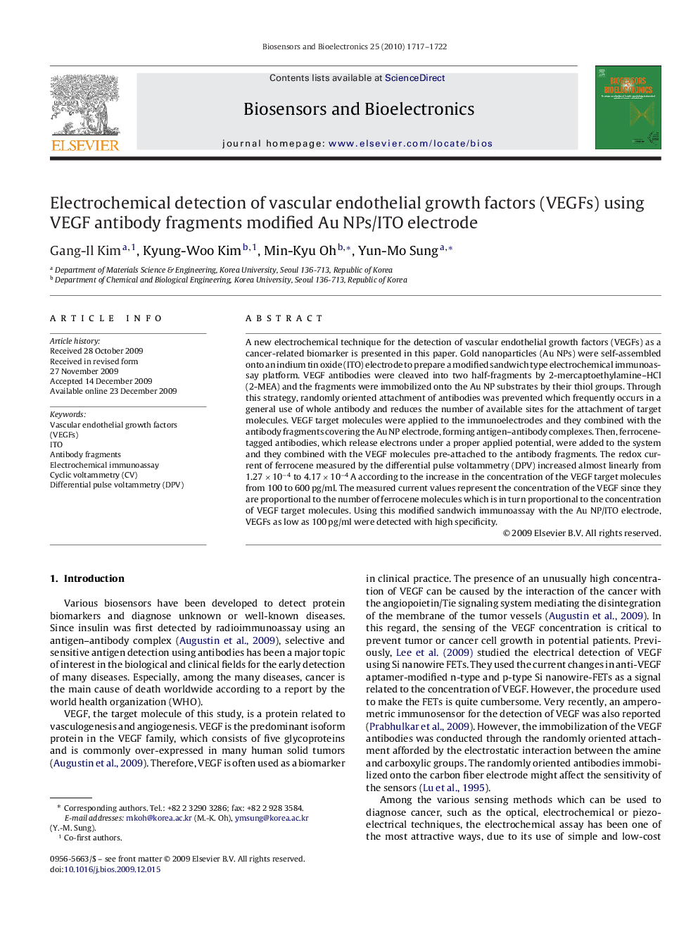 Electrochemical detection of vascular endothelial growth factors (VEGFs) using VEGF antibody fragments modified Au NPs/ITO electrode