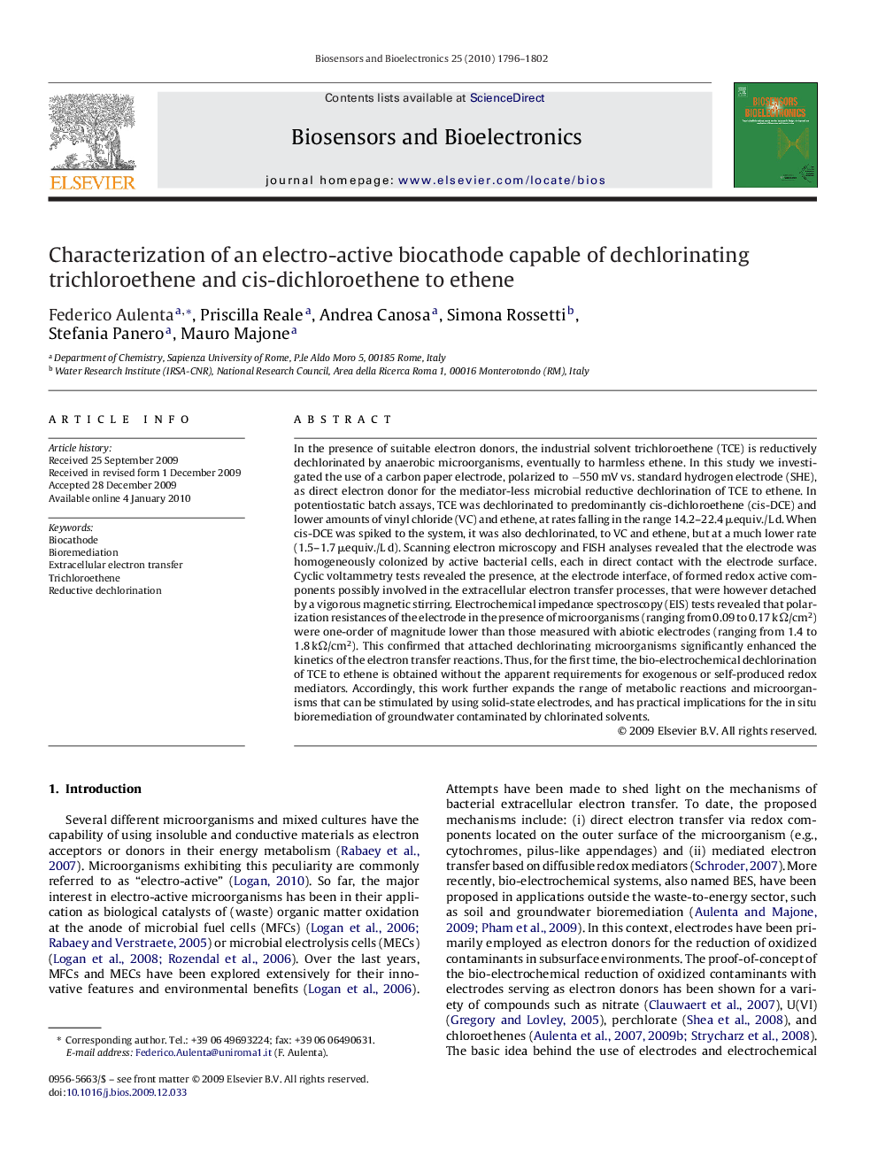 Characterization of an electro-active biocathode capable of dechlorinating trichloroethene and cis-dichloroethene to ethene