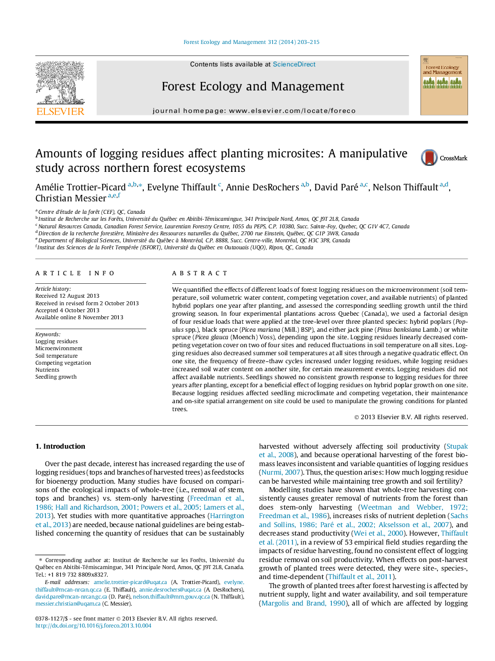 Amounts of logging residues affect planting microsites: A manipulative study across northern forest ecosystems